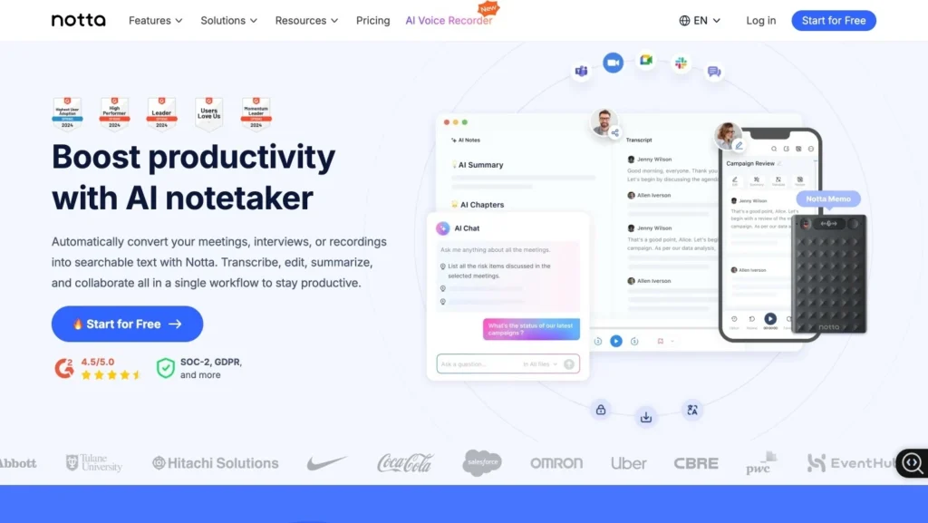 Notta AI: Notta supports transcription in 104+ languages, making it a favorite for international students. It works across lectures, YouTube videos, meetings, and interviews.